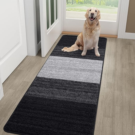 Kitinjoy Indoor Outdoor Door Mat, 59x20 Non-Slip Absorbent Dirt Trapper, Low-Profile Washable Inside Entrance Front Floor Mat, Sturdy Soft Entry Doormats for Entryway, Black