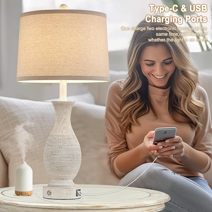 28" Rustic Farmhouse Table Lamps for Living Room Set of 2 Bedroom Lamps for Nightstand with USB A+C Charging Ports, 3-Way Dimmable Touch Bedside Lamp, Off-White, Linen Lampshade, LED Bulbs Included