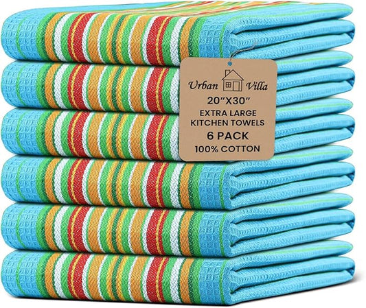 Urban Villa Kitchen Towels Waffle Stripes Dish Towels for Kitchen Azure Color Set of 6 Kitchen Towels Highly Absorbent Cotton Over Sized 20X30 in with Mitered Corners Kitchen Hand Tea Towels