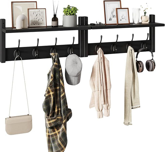 YMYNY Coat Rack Shelf Wall Mounted, Coat Hooks Set of 2, Entryway Coat Hanger with 8 Hooks, 31.5" Wall Floating Shelf with Hat Rack, for Kitchen, Bedroom, Bathroom, Black UHWS001B-2