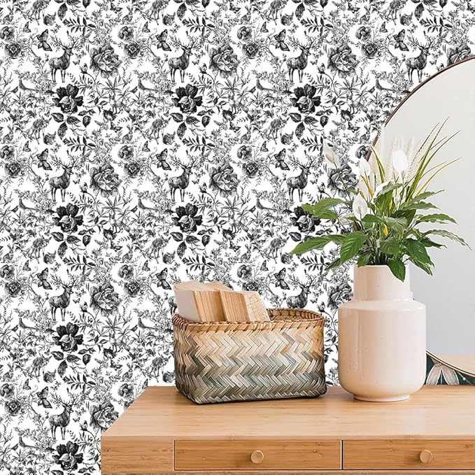 Black and White Vinyl Wallpaper, Removable Floral Wallpaper, 118.1''X17.71'', 14.5 sq.ft, Furniture Wall Shelf Drawer Liner