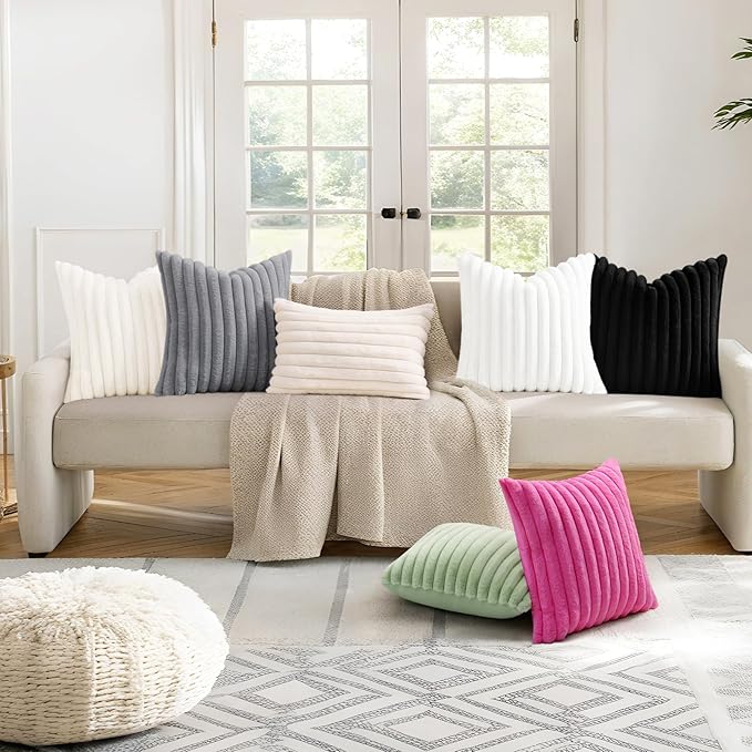 decorUhome Faux Fur Throw Pillow Covers 16x16 Set of 2, Decorative Soft Plush Striped Neutral Couch Euro Pillow Covers with Velvet Back for Sofa, Bed, Living Room Home Decor, Hot Pink