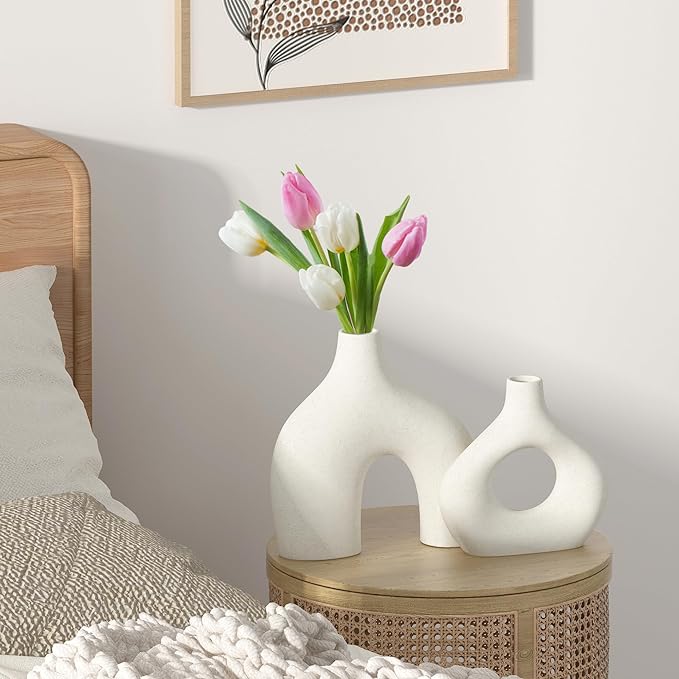 White Ceramic Vase Set of 2, Pampas Grass Vases for Home Decor, Round Matte Boho Vases for Flowers, Nordic Minimalism Style vase for Living Room Bedroom Shelf Decor