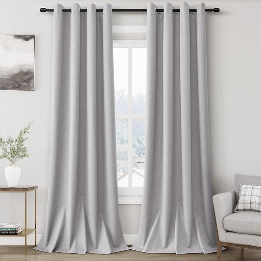 100% Blackout Linen Curtains for Bedroom Thermal Insulated Grommet Complete Blackout Drapes 90 Inch Length 2 Panels Set Heat and Full Light Blocking Living Room Darkening Curtains Light Grey