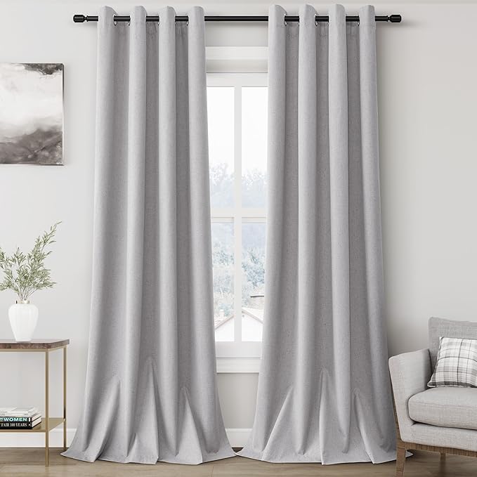 Grommet Grey Blackout Linen Curtains 108 inches Long for Bedroom Full Light Blocking Thermal Insulated Black Out Curtain Panels 108 Inch Length Energy Saving Room Darkening Curtain White Backing 9ft