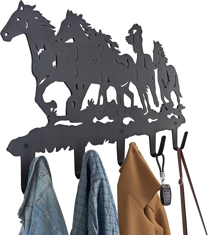 Metal Horse Coat Hooks Wall Art Decor-Horse Hangers and Key Holder-Clothes Rack and Backpack Hanger-Coat Hooks Home Decor for Storage, Living Room, Hallway, Office (Black)