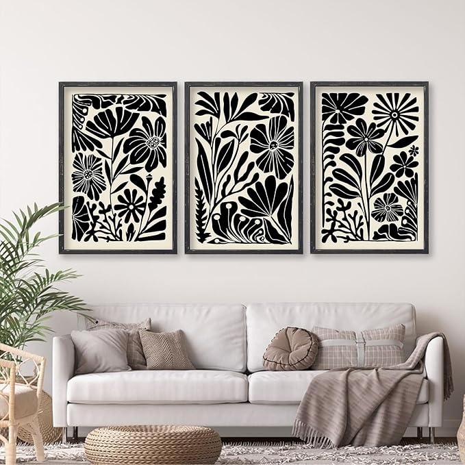 Abstract Floral Botanical Boho Wall Art 16x11 Inch Set of 3 Black and White Minimalist Botanical Pictures Prints for Bedroom Modern Home Living Room Scandinavian Style Wall Hanging Decor (Black)