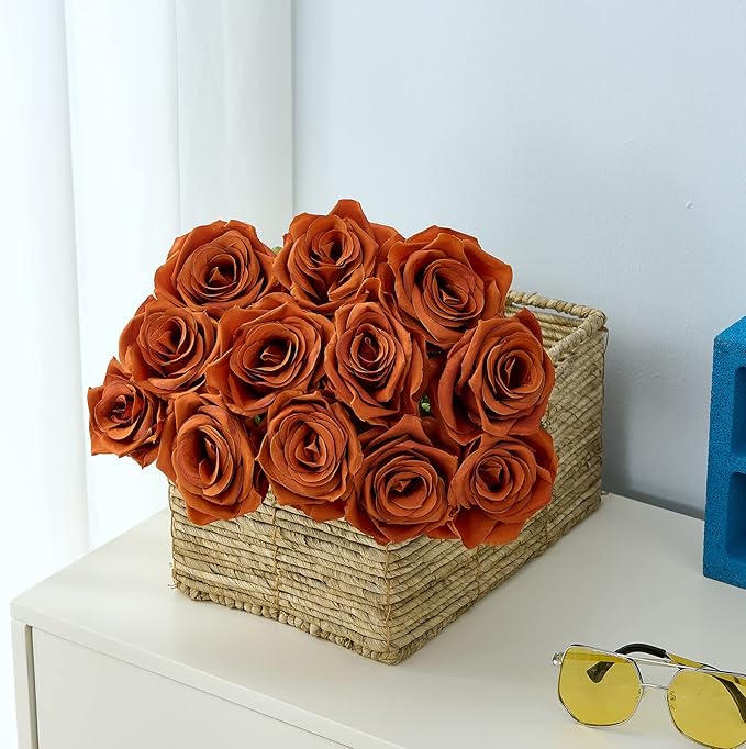 15pcs Burnt Orange Fake Roses Artificial Silk Flowers Faux Rose Flower Long Stems Bouquet for Arrangement Wedding Centerpiece Party Home Kitchen Decor(VASE NOT Included)