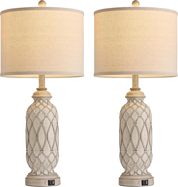 28" Table Lamps for Living Room Set of 2, Farmhouse Lamps for Bedroom with USB A+C Charging Ports, Touch Lamps for Nightstand, 2 Bulbs Included