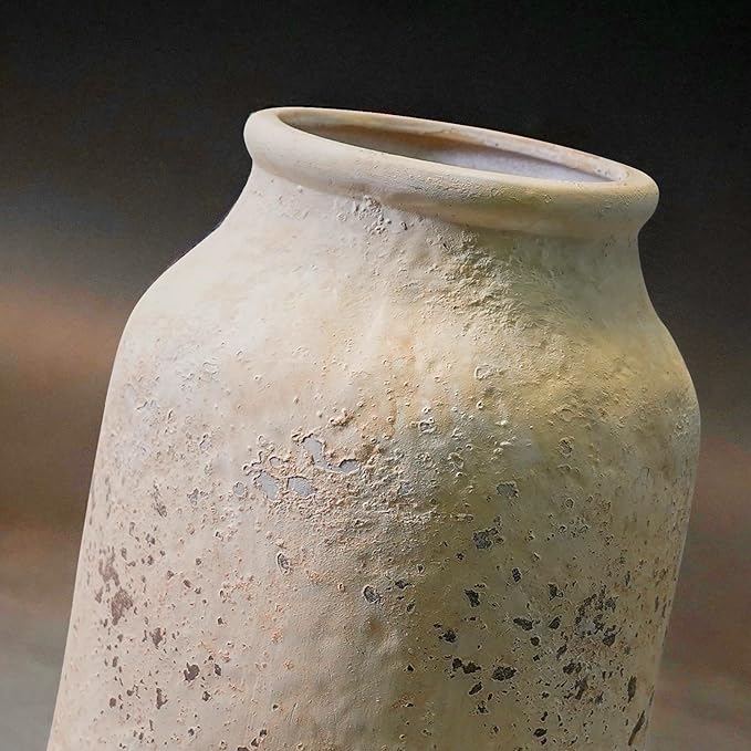Farmhouse Rustic Vase, 9 Inch White Ceramic Vase for Home Decor Living Room Shelf Office Entryway Table Decor