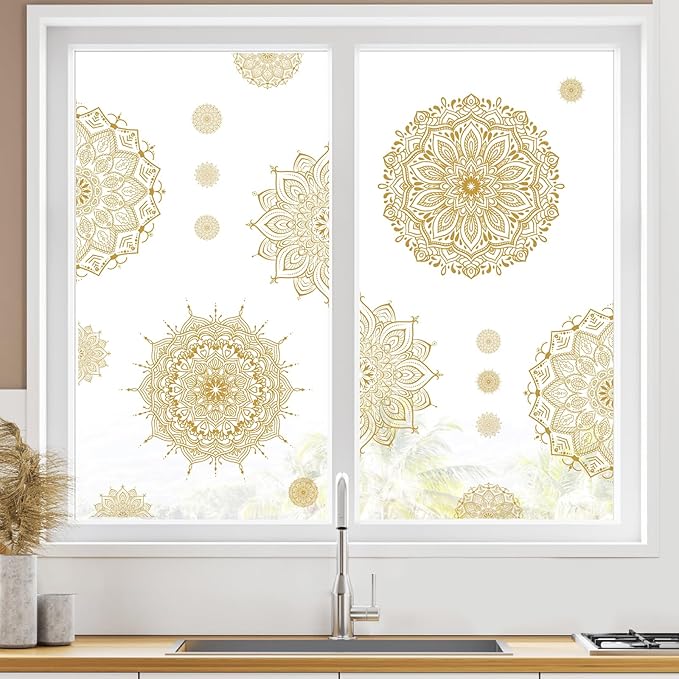 Large Mandala Wall Sticker Peel and Stick Boho Lotus Flower Wall Stickers Decor Mandala Floral Window Decals Clings Headboard Gold Mandala Wall Art Decal for Bedroom Living Room Yoga Decoration