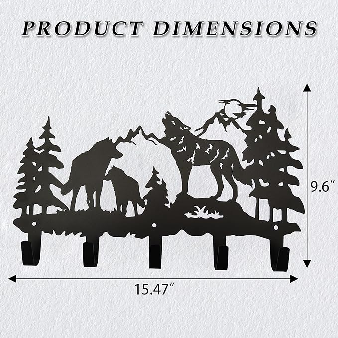 Metal Wolf Coat Hooks Wall Art Decor-Wolf Hangers and Key Holder-Clothes Rack and Backpack Hanger-Animal Theme Hooks Sweet Home Decor for Storage, Living Room, Hallway, Office (Black)