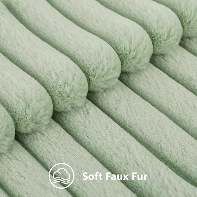 decorUhome Faux Fur Christmas Throw Pillow Covers 16x16 Set of 2, Decorative Soft Plush Striped Neutral Couch Euro Pillow Covers with Velvet Back for Sofa, Bed, Living Room Home Decor, Sage Green