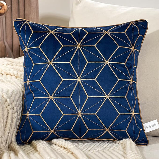 Aeckself 16 x 16 Inch Navy Blue Gold Plaid Geometric Lines Embroidery Velvet Cushion Case Luxury Modern Square Throw Pillow Cover Decorative Pillow for Couch Living Room Bedroom Car 40 x 40cm