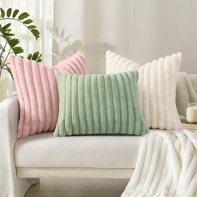 decorUhome Faux Fur Christmas Throw Pillow Covers 26x26 Set of 2, Decorative Soft Plush Striped Neutral Couch Euro Pillow Covers with Velvet Back for Sofa, Bed, Living Room Home Decor, Cream White