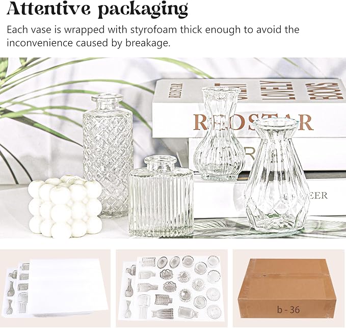 Set of 36 Glass Bud Vase Set, Small Vintage Clear Flower Vase Centerpieces for Table Bulk Cute Rustic Style Mini Vase for Home Decor Wedding Baby Shower Birthday Party