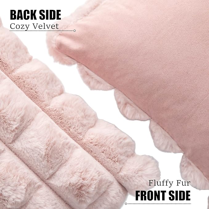 Neelvin Pink Faux Fur Cozy Soft Plaid Decorative Throw Pillow Covers 16x16 inch Set of 2,Velvet Pillowcase Cushion Case for Sofa Couch