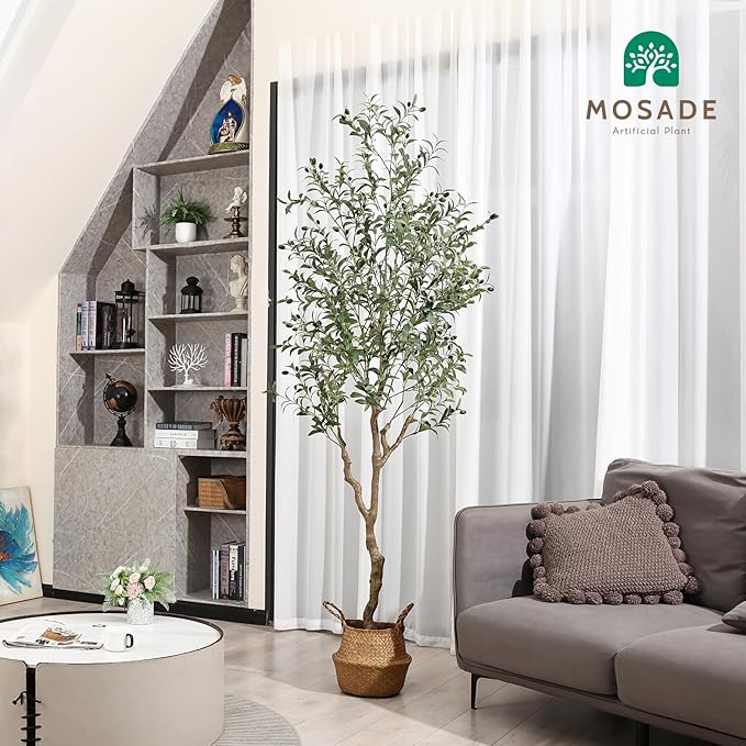 MOSADE Artificial Olive Tree 7 Feet Fake Olive Silk Plant and Handmade Seagrass Basket, Perfect Tall Faux Topiary Silk Tree for Indoor Entryway Modern Decor Home Office Porch Balcony Gift,2Pack