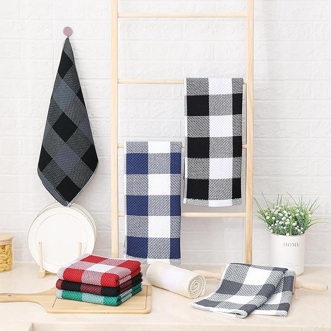 Homaxy 100% Cotton Waffle Weave Check Plaid Kitchen Towels, 13 x 28 Inches, Super Soft and Absorbent Dish Towels for Drying Dishes, 8-Pack, Black & Grey