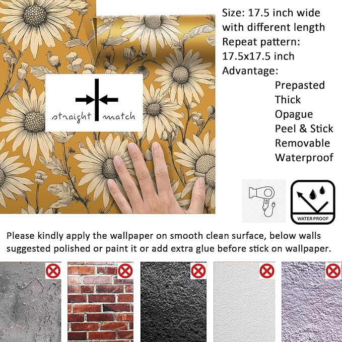 Livelynine Retro Daisy Wallpaper Farmhouse Yellow Floral Peel and Stick Wallpaper Vintage Flowers Fall Wall Paper Removable Self Adhesive Contact Paper Mustard Yellow Gold Neutral Beige 17.5x78.8