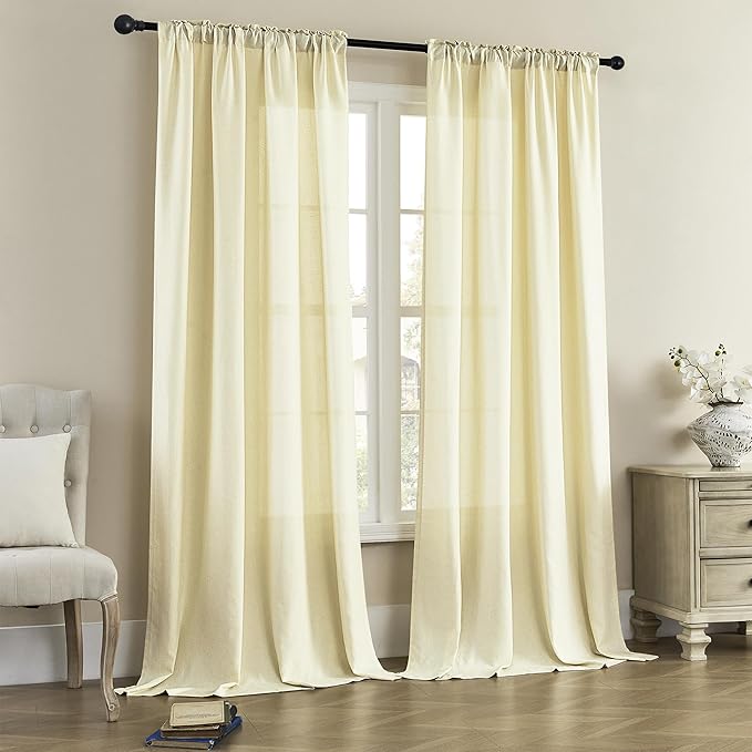 Back Tab Linen Curtains 72 Inch Length 2 Panels Set, Light Filtering Semi Sheer Farmhouse Boho Curtains & Drapes for Bedroom Living Room, Light Yellow W50 x L72