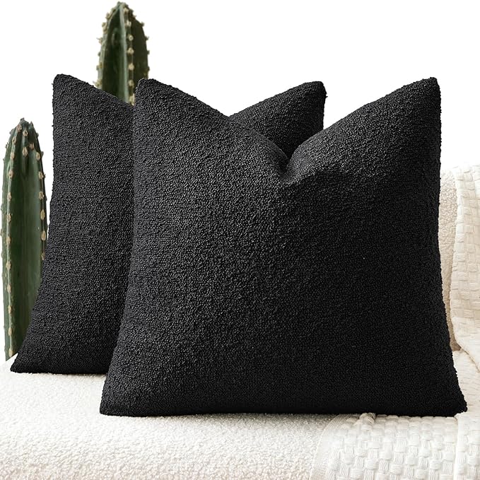 ANRODUO Pack of 2 Textured Boucle Throw Pillow Covers Soft Black Euro Decorative Accent Solid Pillow Cases Cozy Modern Couch Cushion Case for Chair Sofa Bedroom Living Room Home Decor, 22 x 22 Inch