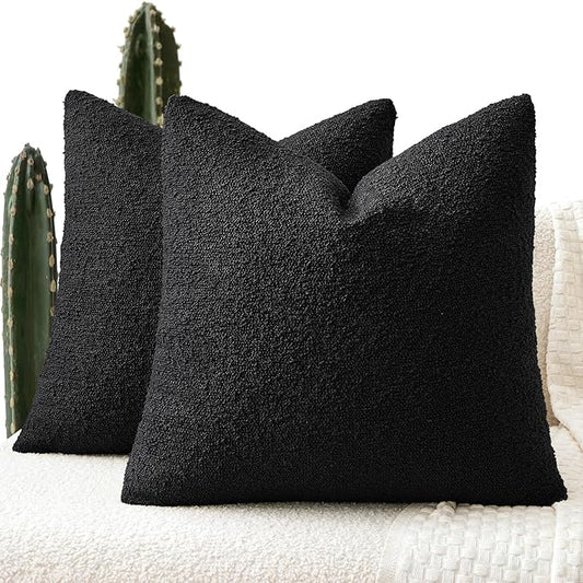 ANRODUO Pack of 2 Textured Boucle Throw Pillow Covers Soft Black Euro Decorative Accent Solid Pillow Cases Cozy Modern Couch Cushion Case for Chair Sofa Bedroom Living Room Home Decor, 22 x 22 Inch