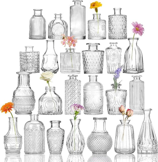 CUCUMI 24 Small, Glass Bud Vase Set for Flowers in Bulk for Rustic Wedding Decorations Vintage Look Home Table Decor, Centerpieces, Clear