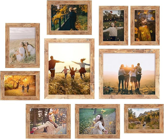 Collage Picture Frames Set of 10, Wall Decor for Mounting or Tabletop Display, Family Photo Gallery Frame Set - Multi Sizes Including Two 8x10, Four 5x7, Four 4x6, HD Glass, Rustic Wood