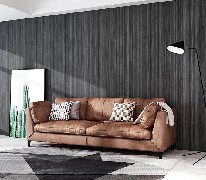 Black Grasscloth Peel and Stick Wallpaper Linen Textured 24"x787" Faux Grassweave Upgraded Thick Extra Large Self-Adhesive Neutral Contact Paper Vinyl Roll for Home Use