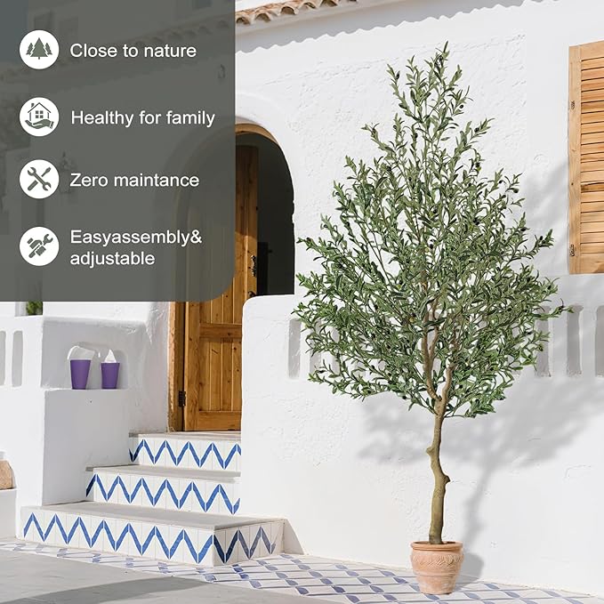 WILDLOVE 8ft Olive Trees Artificial Indoor, Natural Olive Branches and Realistic Leaves, Faux Olive Tree with Lifelike Fruits and Planter, Housewarming Gifts for Home Office Decor