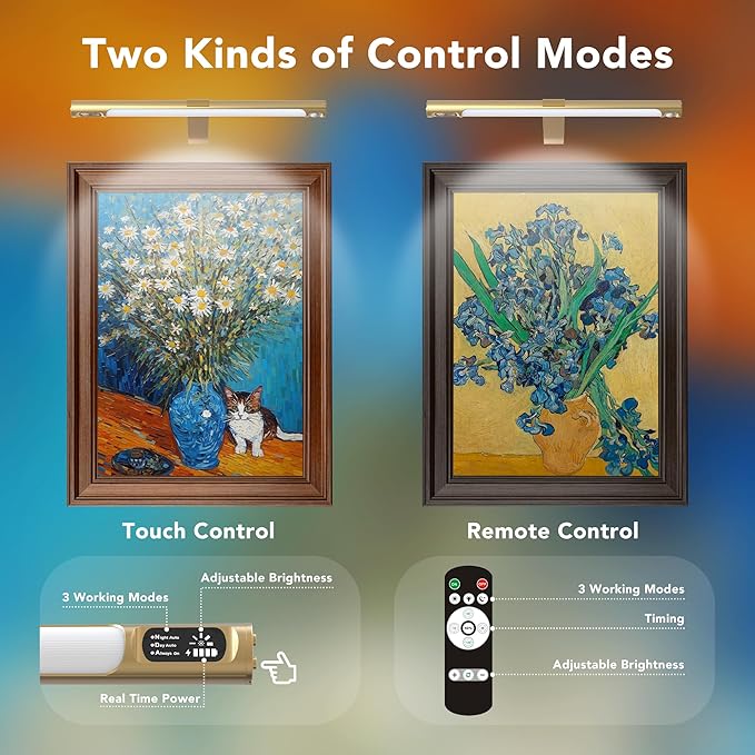 Wireless Picture Lights for Wall 2 Pack, Remote Control, 3 Color Dimming and Timer, 14in Rechargeable Art Display Light with Digital Display, Portrait Lights for Painting Frame Dartboard Gold