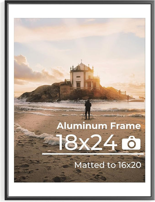 18x24 Metal Picture Frames with Mat for 16x20 Photo, 18x24 Poster Frame, Aluminum Photo Frame Set of 1, High Definition Plexiglass, Wall Decor or Tabletop Display, Black