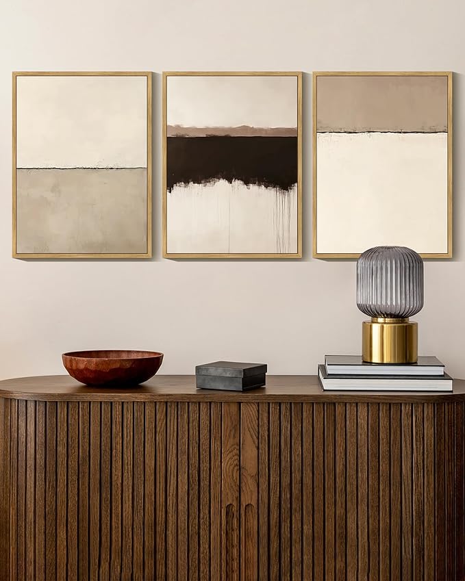 KUVIOKE Abstract Framed Wall Art Minimalist Beige Gray Pastel Watercolor Wall Decor Modern Illustration Neutral Art Painting Home Decor 12x16in (Natural Framed)