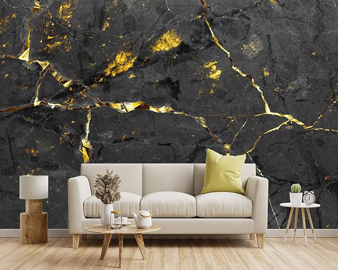 -Black and Gold Marbled Fabric Wallpaper Dark Abstraction Art Living Room Bedroom Bathroom Wall Mural- 91"x65"（ not Peel and Stick）