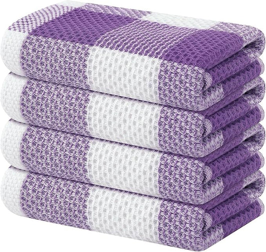 Homaxy 100% Cotton Waffle Weave Check Plaid Kitchen Towels, 13 x 28 Inches, Super Soft and Absorbent Dish Towels for Drying Dishes, 4-Pack, White & Purple