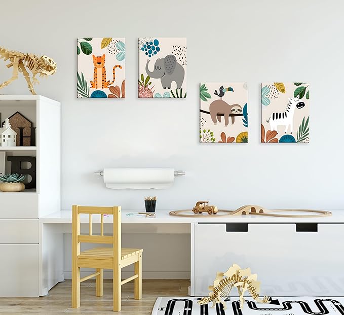 4pcs framed Baby Safari Nursery Wall Art Zebra elephant tiger monkey Pictures Poster Cute Animal Canvas Paintings Prints Decor for Kid Room Baby Room Wall Decor