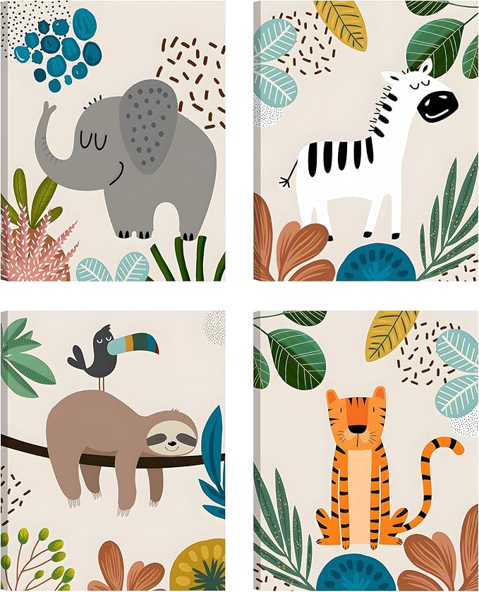 4pcs framed Baby Safari Nursery Wall Art Zebra elephant tiger monkey Pictures Poster Cute Animal Canvas Paintings Prints Decor for Kid Room Baby Room Wall Decor