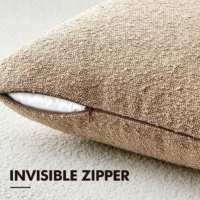 ANRODUO Pack of 2 Textured Boucle Throw Pillow Covers Soft Camel Euro Decorative Accent Solid Pillow Cases Cozy Modern Couch Cushion Case for Chair Sofa Bedroom Living Room Home Decor, 24 x 24 Inch