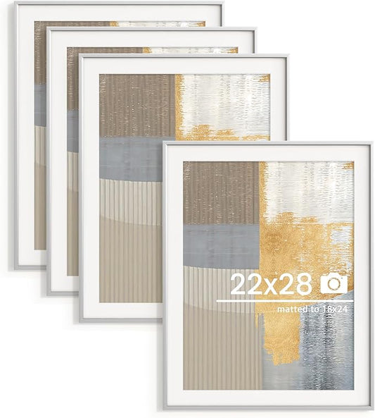 22x28 inch Metal Poster Frame - 22 x 28 Thin Aluminum Picture Frames Matted for 18x24 Photos, Artworks, Prints, Puzzle - High Definition Plexiglass - Vertical and Horizontal Display - Wall Hook Hanging Hardware Included - Silver, Set of 4