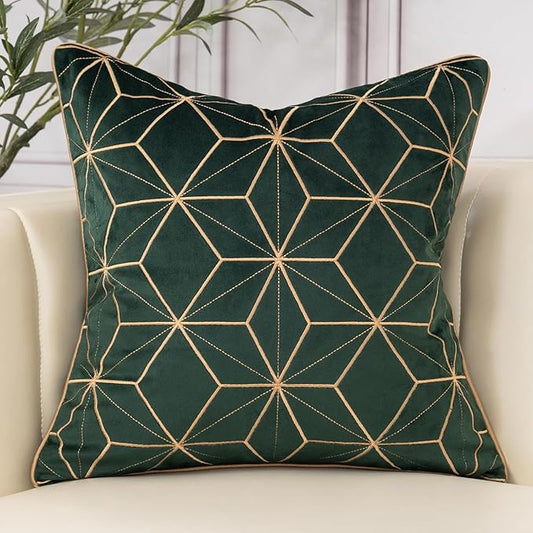 Aeckself Velvet Embroidery Pillow Cover 20x20 Inch, Luxury Modern Decorative Plaid Throw Pillow Cover for Couch Bedroom Living Room, Dark Emerald Green and Gold, WHJ-Green5050