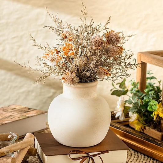 Ceramic Rustic Farmhouse Vase | 6 Inch Pottery Decorative Flower for Home Decor | Boho Vase | Terracotta for Table, Living Room, Bathroom Decoration, Shelf Decor, Mantel, White