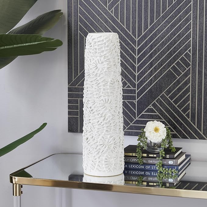 Deco 79 Ceramic Floral Embossed Vase, 6" x 6" x 21", White