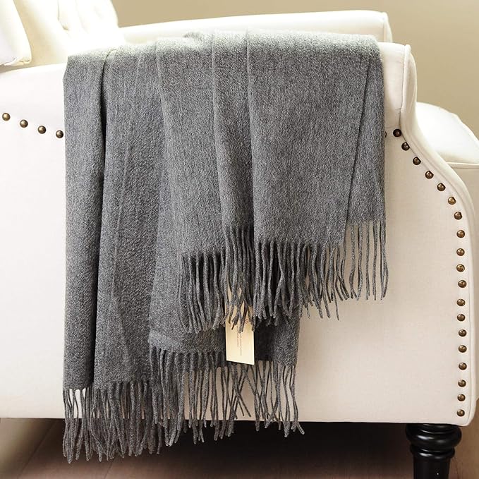 CUDDLE DREAMS Premium Cashmere Throw Blanket with Fringe, Luxuriously Soft (Gray)