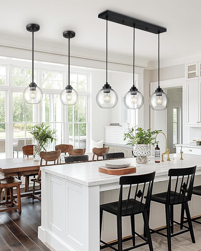 Black Island Light, 3-Light Linear Chandelier with Clear Glass, Globe Pendant Light Fixture for Dining Room Kitchen Island Living Room Pool Table, ZCPL101BK-3S