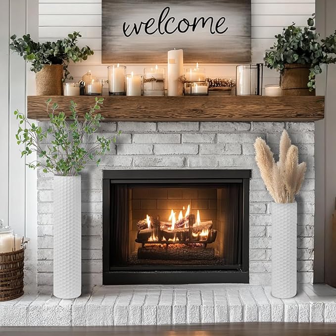 Sziqiqi White Tall Vases for Floor: 27.6/21.7in Metal Cylinder Handmade Flower Holder Extra Large Decorative Vase Set of 2 Modern Honeycomb Texture Big Standing Vase for Living Room Home Corner