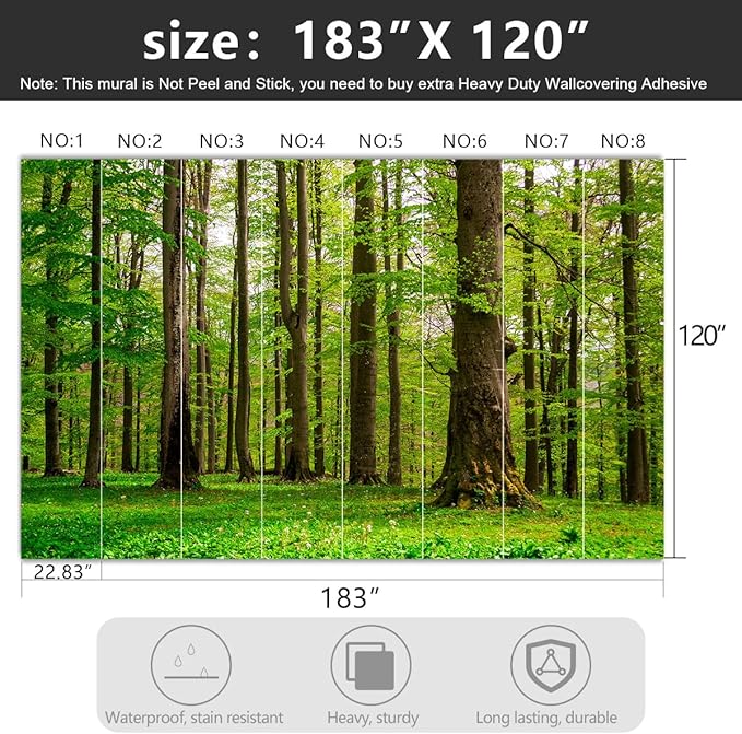 -Green Forest Landscapes Woodland Tree Fabric Wallpaper Living Room Bedroom Bathroom Jungle Wall Mural- 183"x120"（ not Peel and Stick）