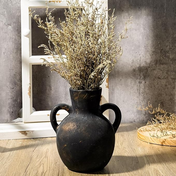 Rustic Ceramic Farmhouse Flower Vase with 2 Handles, Whitewashed Terra Cotta Vase, Decorative Pottery Flower for Home Decor, Table, Living Room, Shelf Decor, 7.3 Inch, Bronze