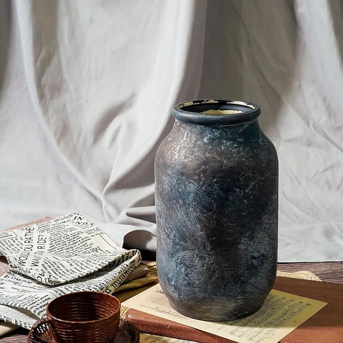 Rustic Ceramic Vase, Terracotta Pottery Decorative Vase, Farmhouse Decor for Living Room, Home, Fireplace, Shelf Decor, 9 Inch, Bronze