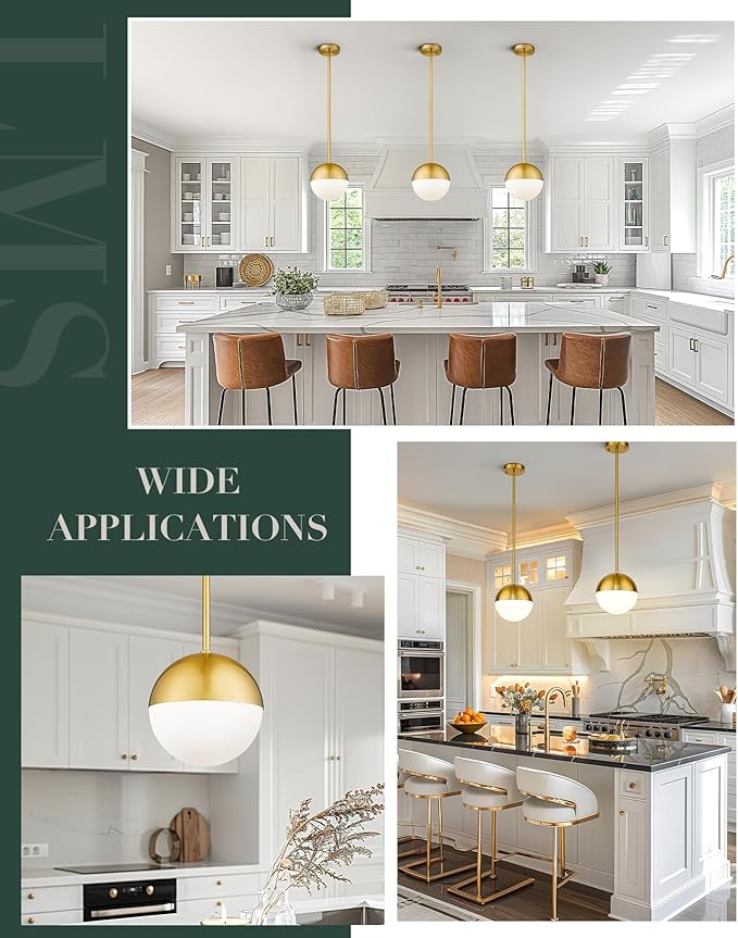 LMS 2-Pack Brushed Gold Pendant Lights, Modern Pendant Light with Milky Globe Glass Shade, Adjustable Hanging Lighting Rod for Kitchen Island Dining Room Bedroom, LMS-186BG2PK